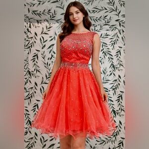 Coral Bridesmaid Prom Mini Dress Sz XS Cocktail Wedding Party Rhinestone #B NWT